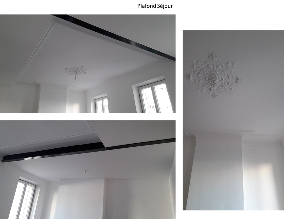 Plafond rénové avec moulure dans la pièce à vivre